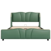 Queen Size Leather Upholstered Bed Frame, Modern Bed Frame with Wingback Head board, Upholstered Platform Bed with Wavy Footboard, No Spring Box Needed, Dark Green