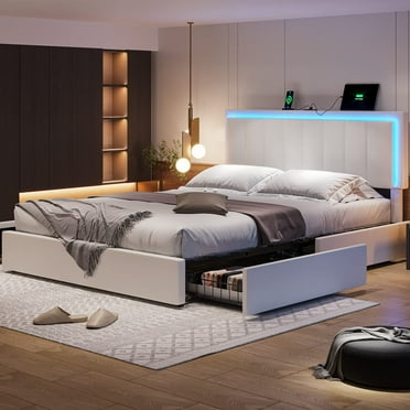 Queen Size Led Bed Frame with 1 Type-C&1 USB Port&LED Lights Modern Faux Leather Upholstered Platform Bed Frame with Adjustable Headboard&4 Storage Drawers, White