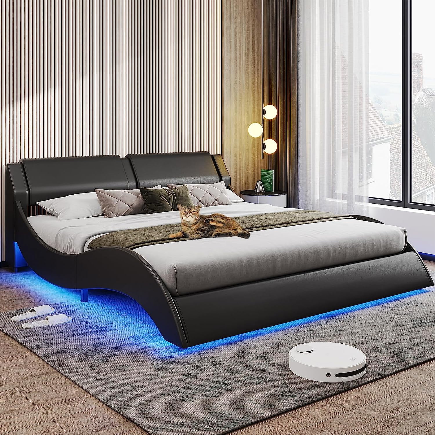 Queen Size Led Bed Frame with Headboard Modern Faux Leather Upholstered Platform Bed with LED