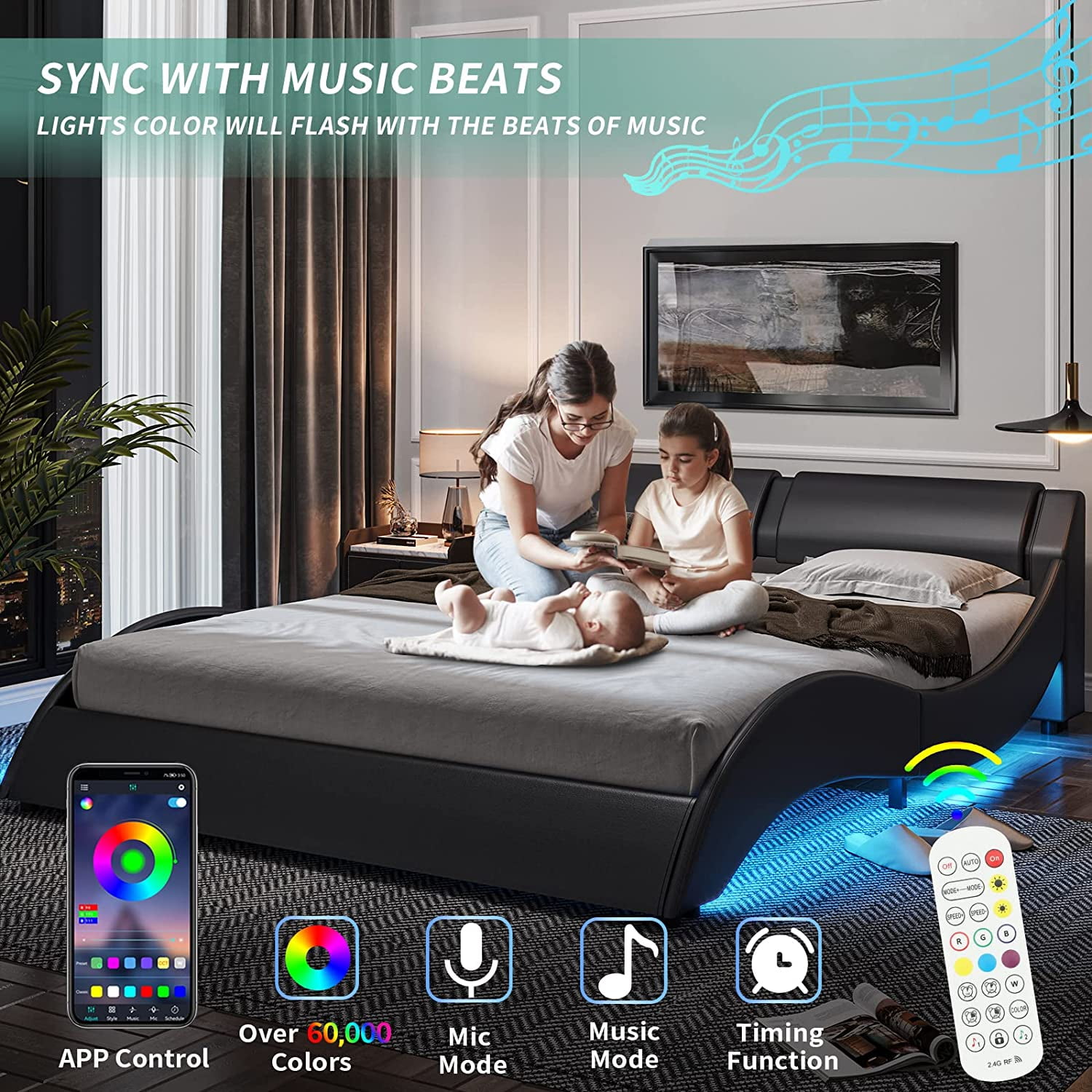 Queen Size Led Platform Bed Frame with Smart RGB LED Lights Underneath, Wave-Like Curve Faux Leather Upholstered Bed Frame, No Box Spring Needed,Black Queen Size Led Platform Bed Frame with Smart RGB LED Lights Underneath, Wave-Like Curve Faux Leather Upholstered Bed Frame, No Box Spring Needed,Black