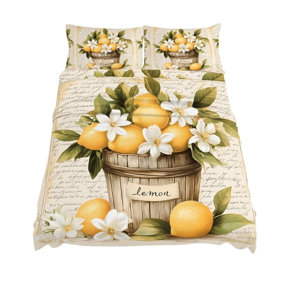 Queen Size Lemon Sheet Sets Watercolor Fruit Vintage Soft Breathable Microfiber Bed Sheets Deep Pockets 4 Piece Bed Sheets Set, 1 Fitted Sheet, 1 Flat Sheet & 2 Pillowcases