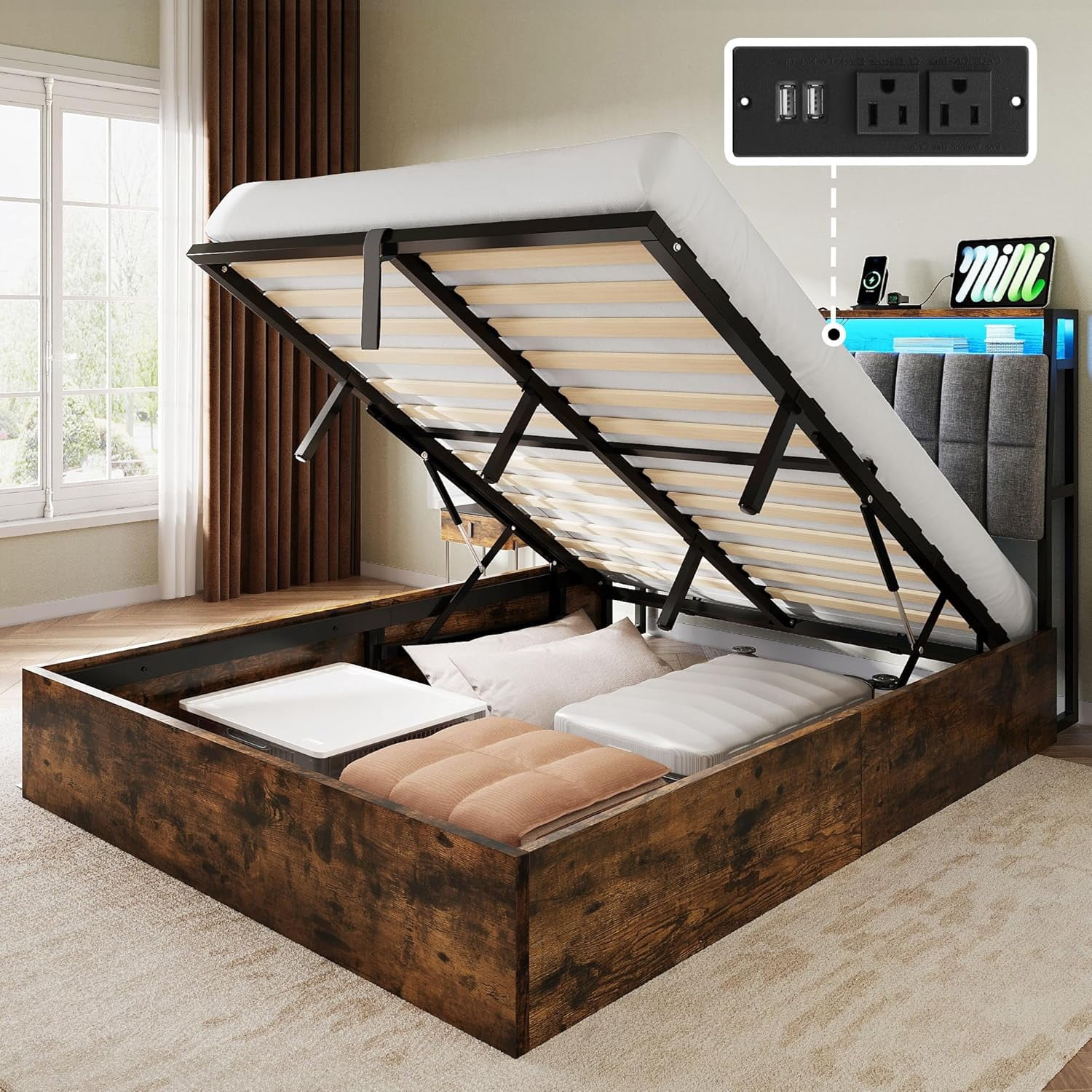 Queen Size Lift Up Bed Frame with Charging Station & RGB LED Lights ...