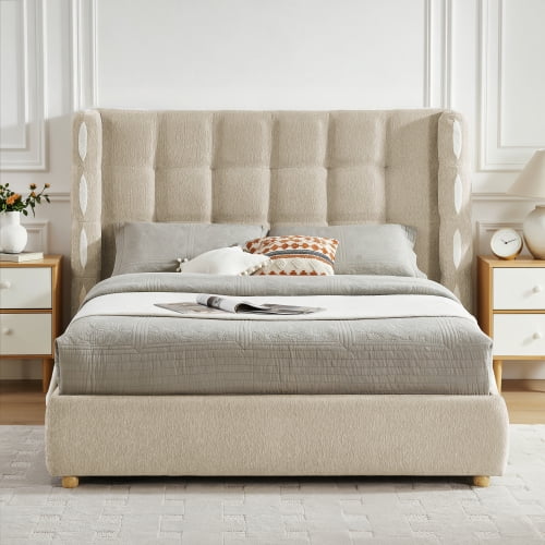 Queen Size Lift Up Storage Bed, Chenille Upholstered, Wingback Platform Bed Frame, Hydraulic Gas Lift, Under-Bed Storage, No Box Spring Needed, Bedroom, Khaki
