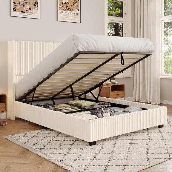 Queen Size Lift Up Storage Bed Frame with 51" Tall Headboard, Hydraulic Storage, 2 USB Ports, Corduroy Upholstered Wingback Headboard, No Box Spring Needed, Noise-Free Platform Bed in Beige