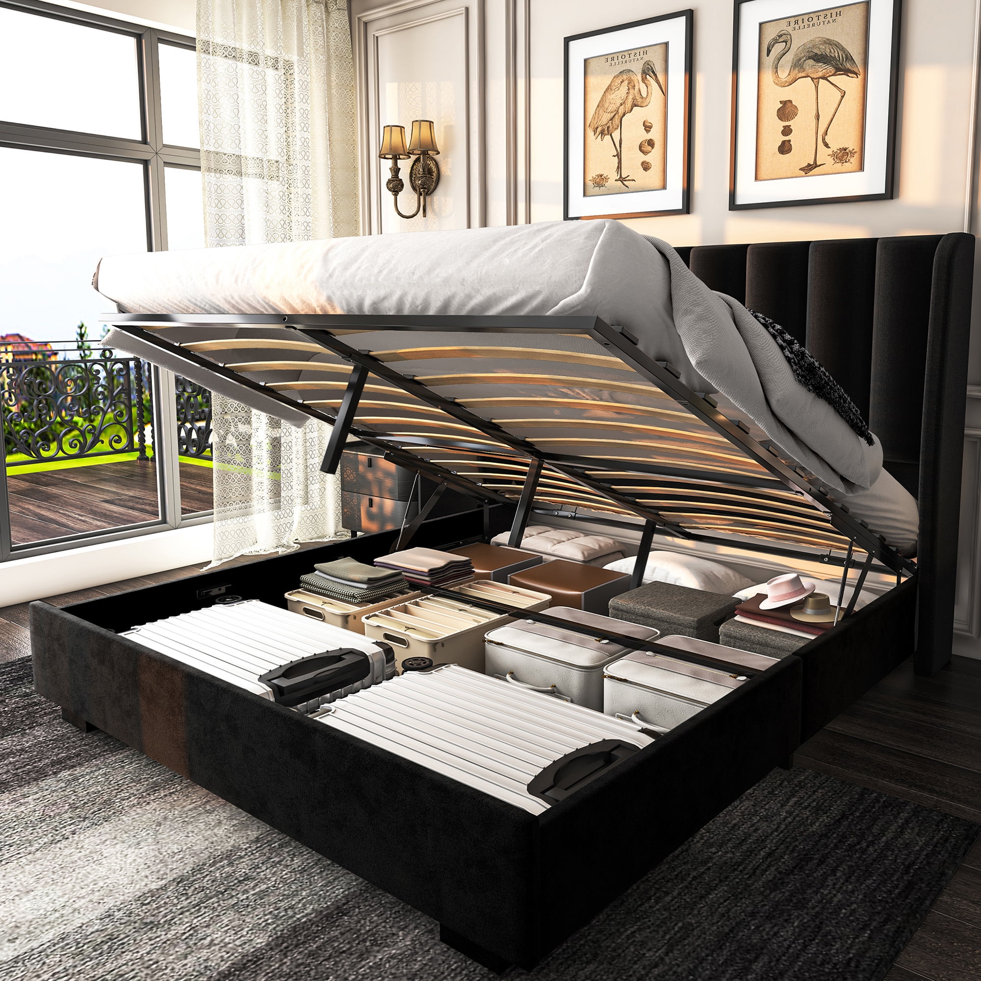 Queen Size Lift Up Storage Bed Frame with 51" Tall Headboard, Upholstered Velvet Wingback Tufted Platform Bed, No Box Spring Required, Noise-Free Queen Bed Frame with Hydraulic System (Queen,Black)