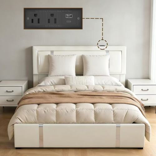 Queen Size Lift Up Storage Bed Frame with Adjustable LED Headboard, Faux Leather Upholstered Platform Bed with USB-C Charging Ports for Bedroom, White