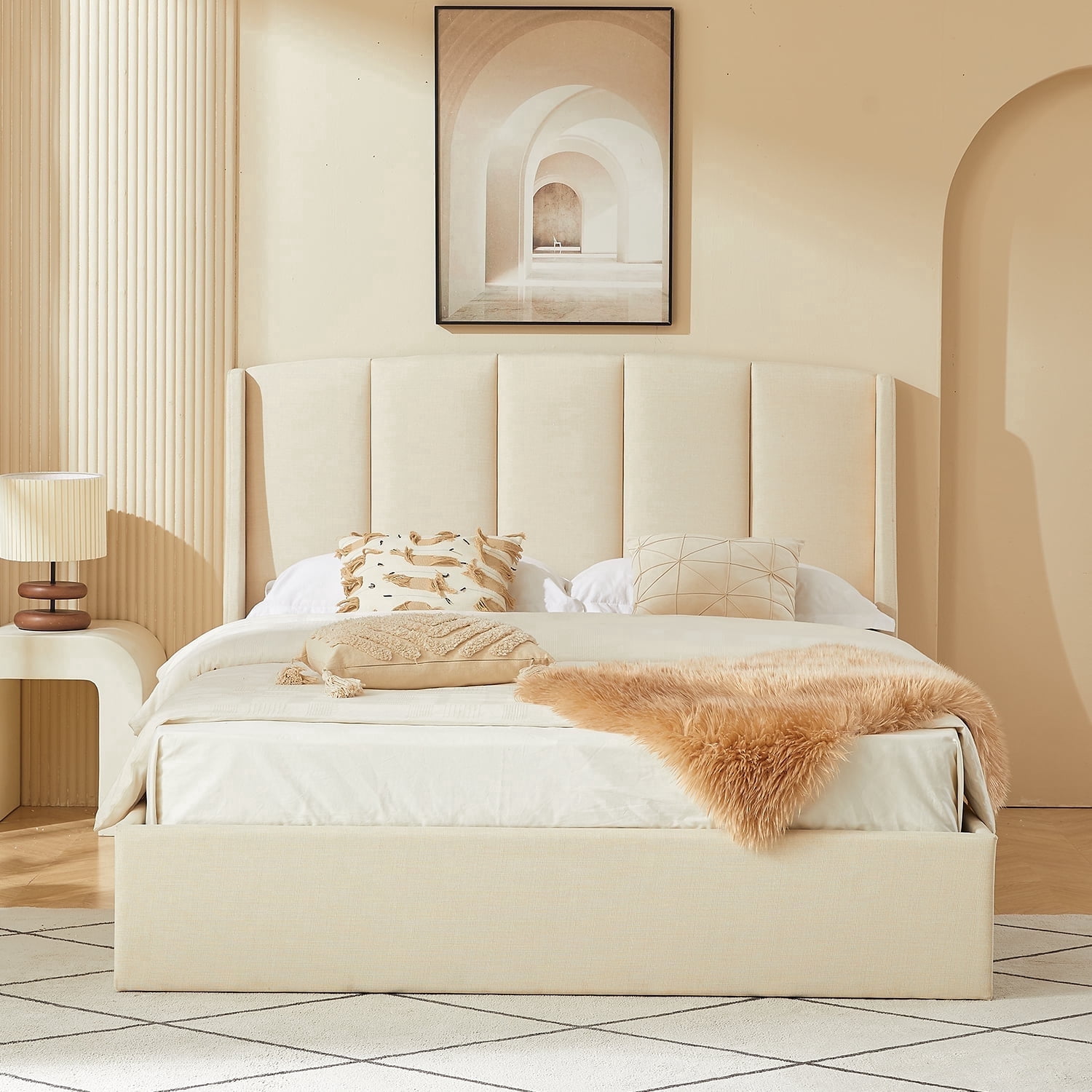 VELOCAVA Queen Upholstered Lift-up Storage Bed with Vertical Channel Wingback Headboard, Beige