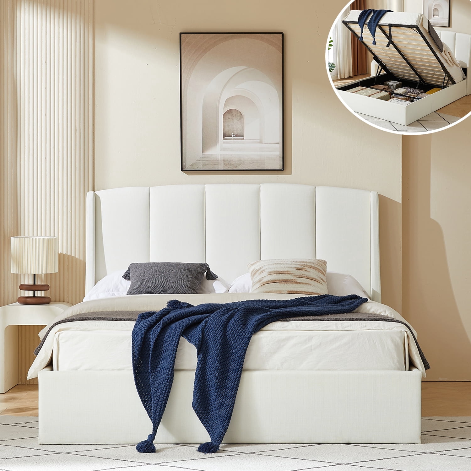 VELOCAVA Queen Upholstered Lift-up Storage Bed with Vertical Channel Wingback Headboard, White