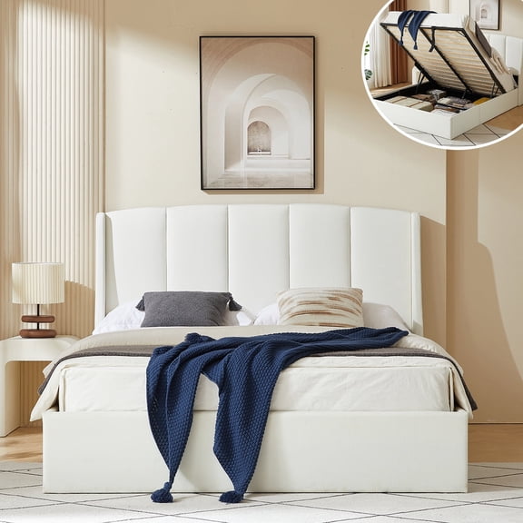 VELOCAVA Queen Upholstered Lift-up Storage Bed with Vertical Channel Wingback Headboard, White