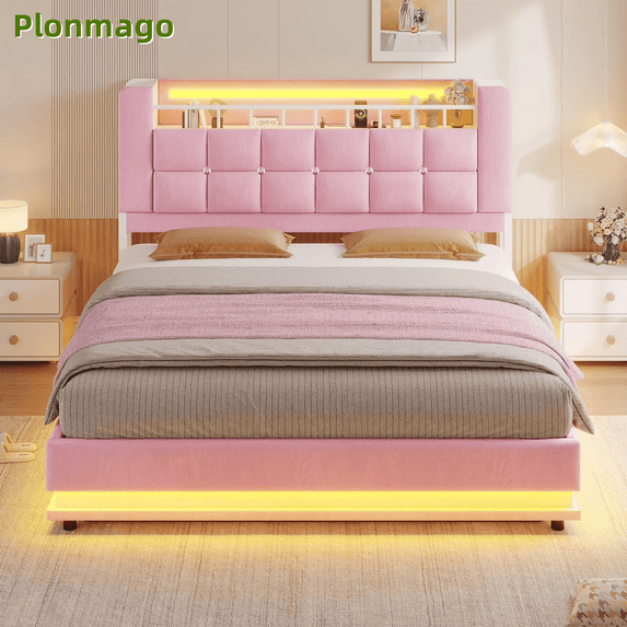 Queen Size Lift Up Storage Bed with LED Lights Smart Storage Headboard, Velvet Upholstered Platform Bed Queen Bed Frame with Charging Station,Hydraulic Lift System, Pink