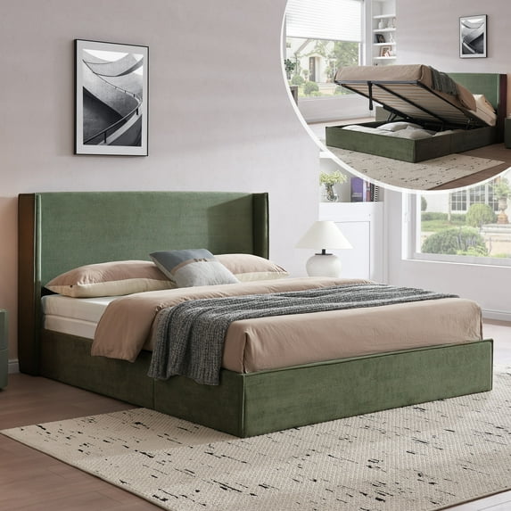 Zanmintaobo Full Lift up Storage Bed Frame - Wingback Headboard,Corduroy Upholstered,No Box Spring Needed,Noise-Free,Easy Assembly,Turtle Green