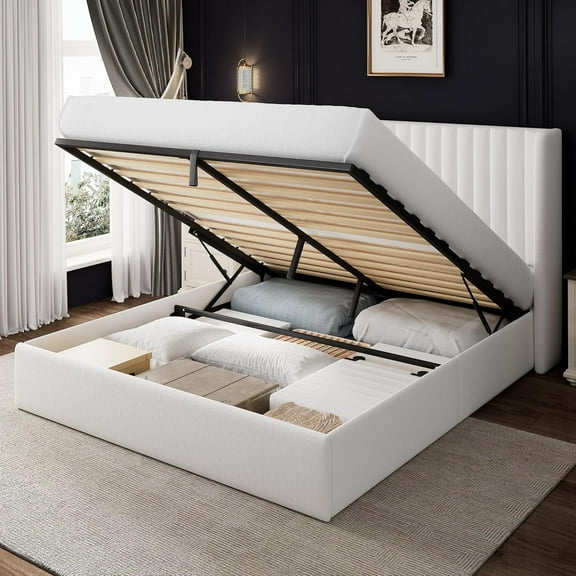 Queen Size Lift Up Storage Bed with Wingback Headboard, Upholstered Velvet Bed Frame with Heavy Duty Wooden Slat Support, Hydraulic Storage, Noise Free, Easy Assembly, White