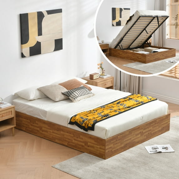 Queen Size Lift Up Storage Platform Bed Frame, Wood Bed Frame with Metal & Slats Support, Wooden Bed Frame Without Headboard, No Box Spring Needed, Easy Assembly, Rustic Brown