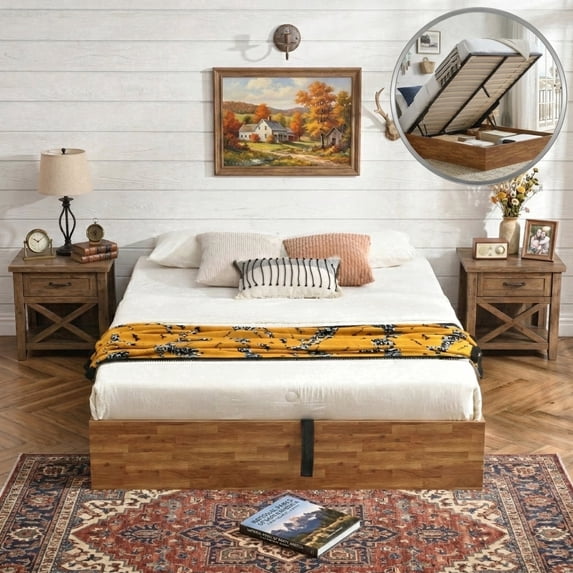 Zanmintaobo Queen Size Lift up Storage Bed Frame, Headboard-Free Wood Platform,Heavy Duty Slats,No Box Spring Needed,Rustic Brown
