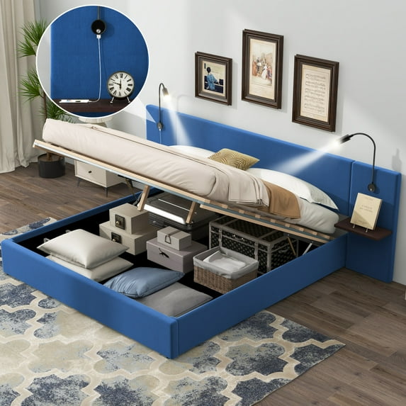 Queen Size Lift Up Storage Bed with 2 Light and USB Ports, Upholstered Platform Bed with Headboard and Storage Shelves, Hydraulic Storage System, Slats Support, No Box Spring Needed, Blue