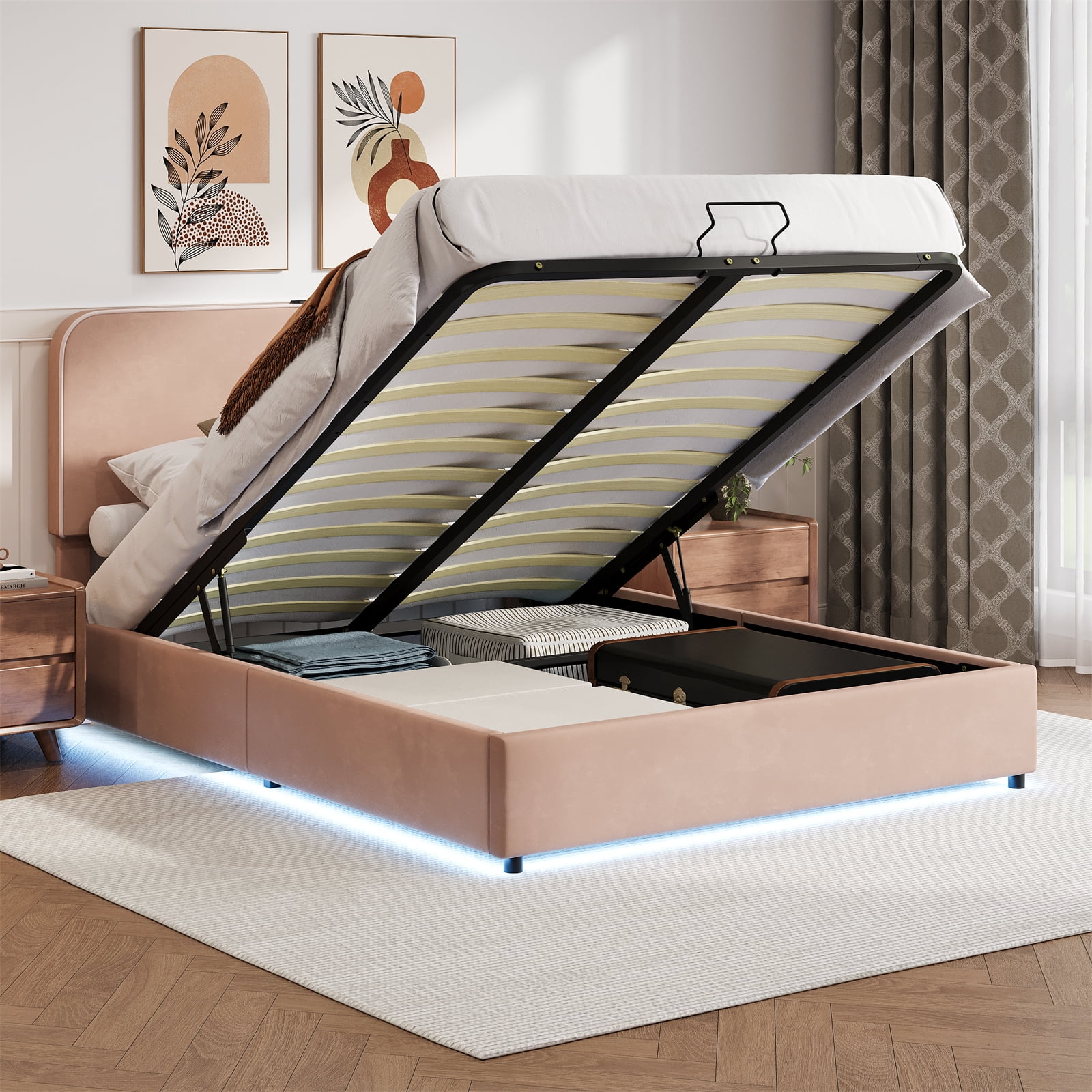 Queen Size Lift Up Storage Bed Frame with Charging Station & Led Lights ...