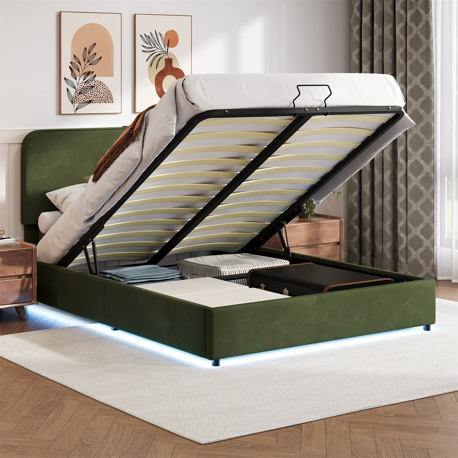 Queen Size Lift Up Storage Bed Frame with Charging Station & Led Lights ...