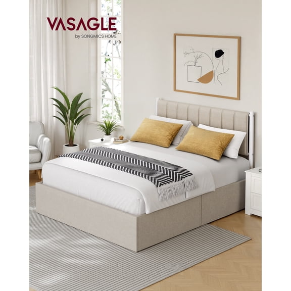 VASAGLE Lift Up Storage Bed Frame Queen Size, Hydraulic Platform Bed, with Upholstered Headboard, 1100 lb Weight Capacity, No Box Spring Needed, Easy Assembly, Modern, Cappuccino Beige