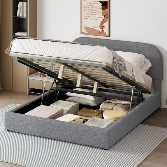 Queen Size Lift Up Storage Bed Frame with Hydraulic Storage System, Teddy Fleece Upholstered Platform Bed with Headboard for Bedroom, No Spring Box Needed, Gray
