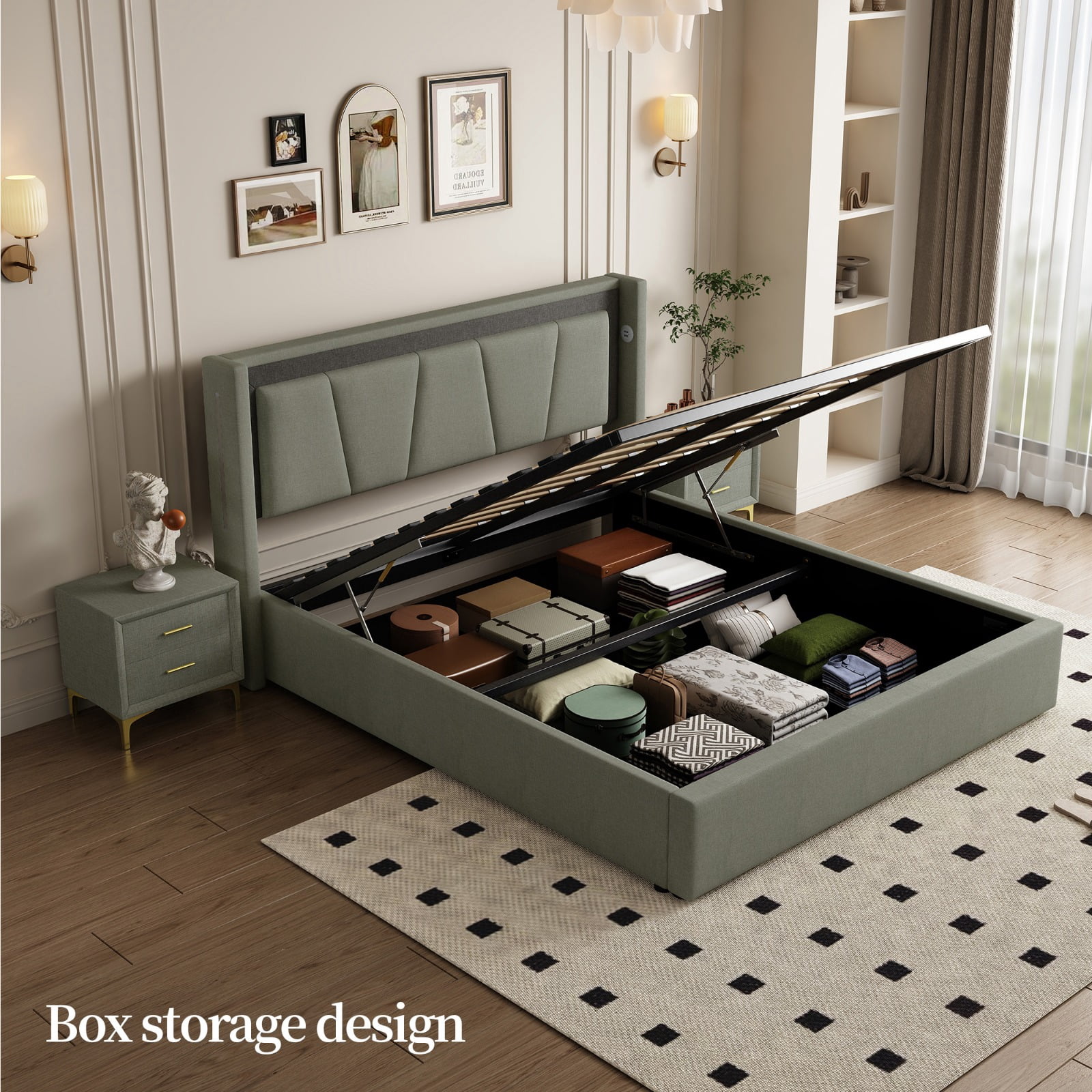 Queen Size Lift Up Storage Bed Frame, Modern Upholstered Platform Bed ...