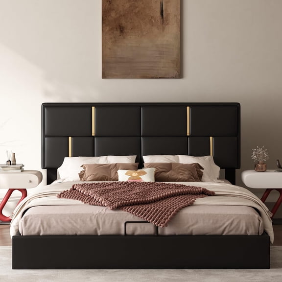 Queen Size Lift Up Storage Bed Frame, Tufted Headboard,Hydrualic Underneath Storage System, Upholstered Platform Bed, Wooden Sla