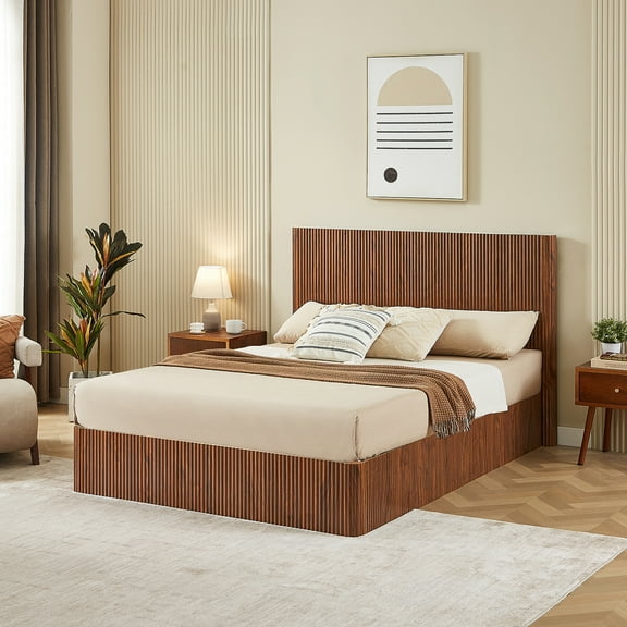 Queen Size Lift Up Storage Bed Frame, Walnut Wood Frame - No Box Spring Needed
