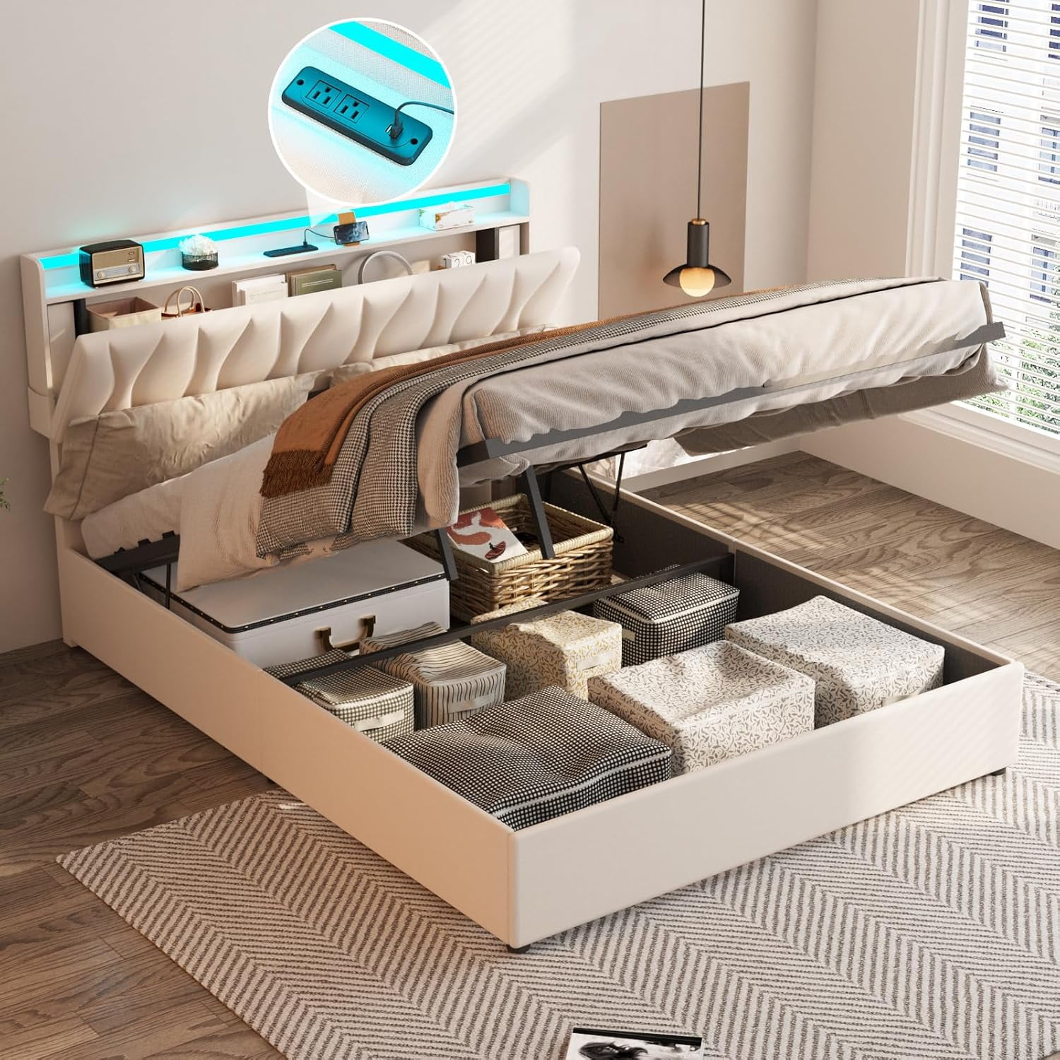 Queen Size Lift Up Storage Bed Frame with Adjustable Headboard, Charging Station, LED Lights