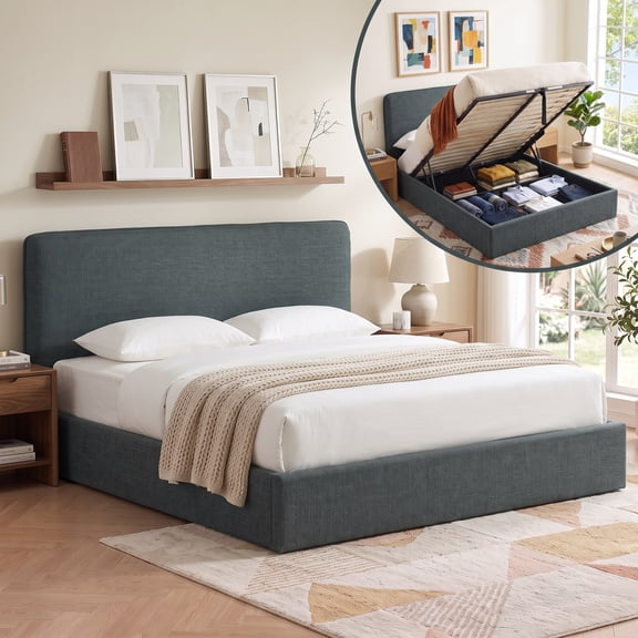 Queen Size Lift Up Storage Bed 45.28-Inch High Padded Headboard, Breathable Linen, Noise-Free Slats, No Box Spring, Green