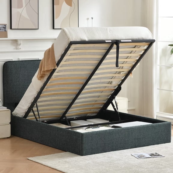 Queen Size Lift Up Storage Bed 45.28-Inch High Padded Headboard, Breathable Linen, Noise-Free Slats, No Box Spring, Green
