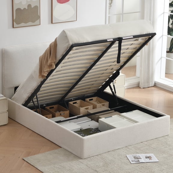 QDD Queen Size Lift Up Storage Bed 45.28-Inch High Padded Headboard,Breathable Linen,Noise-Free Slats,No Box Spring,Cream
