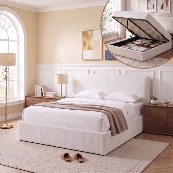 Queen Size Lift Up Storage Bed 45.28-Inch High Padded Headboard,Breathable Linen,Noise-Free Slats,No Box Spring,Cream
