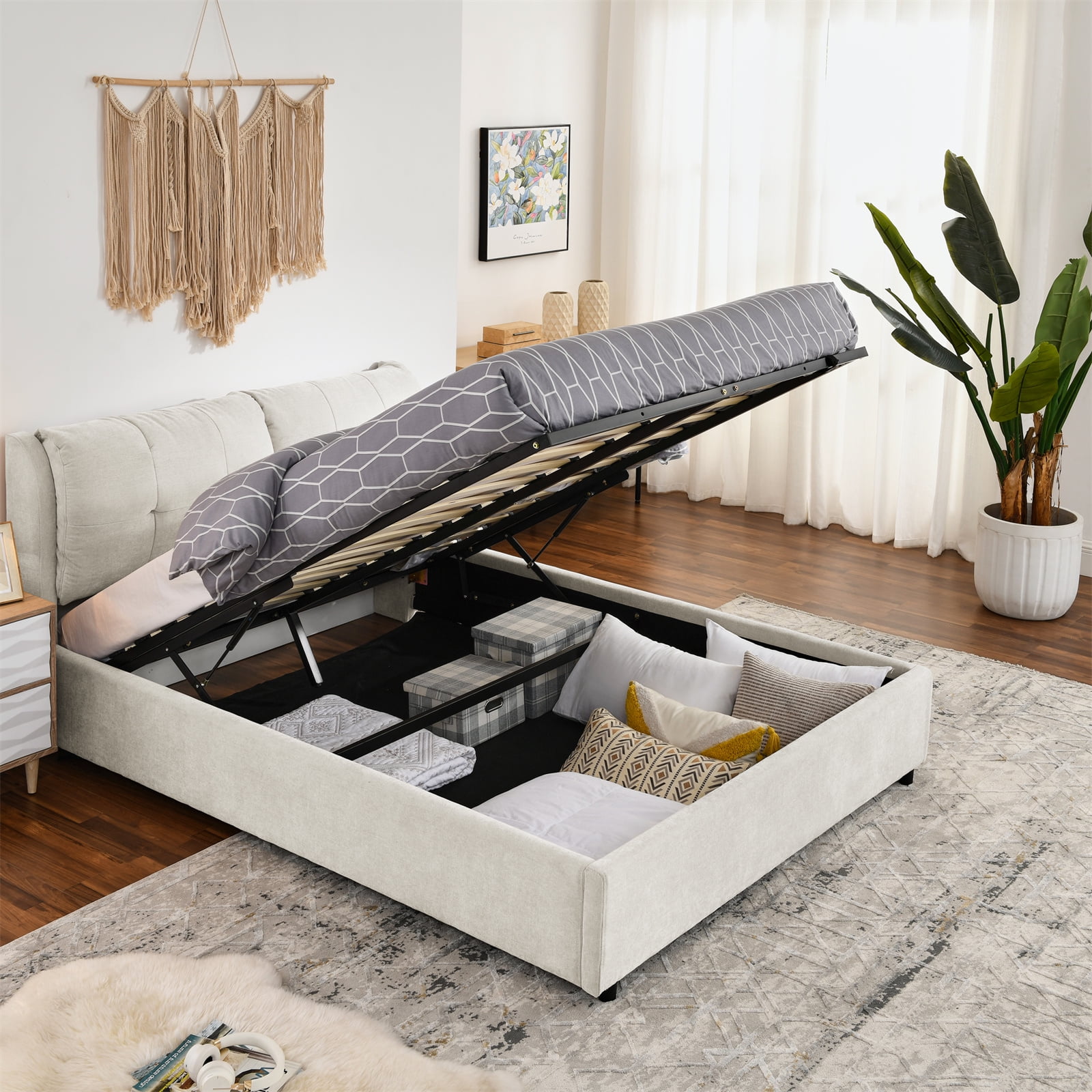 Queen Size Lift Up Storage Bed, Modern Upholstered Hydraulic Platform ...