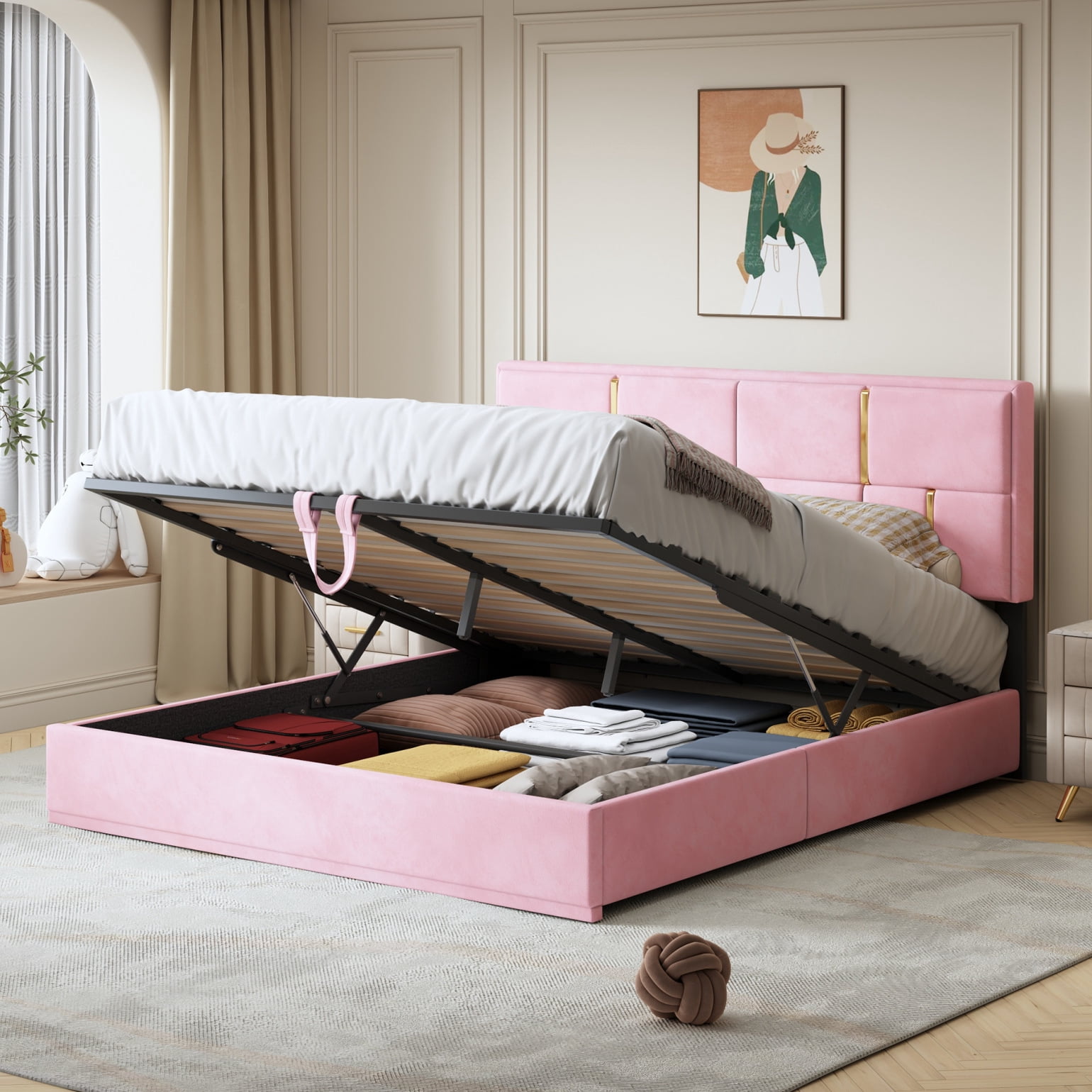 Queen Size Lift Up Storage Bed, Velvet Upholstered Platform Bed with ...