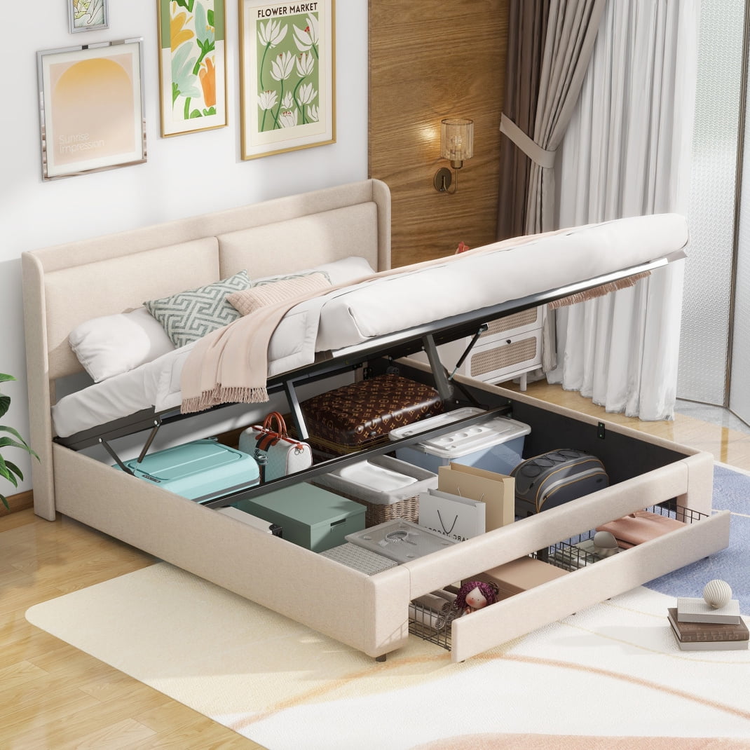 Queen Size Lift Up Upholstered Platform Bed with a Hydraulic Storage ...