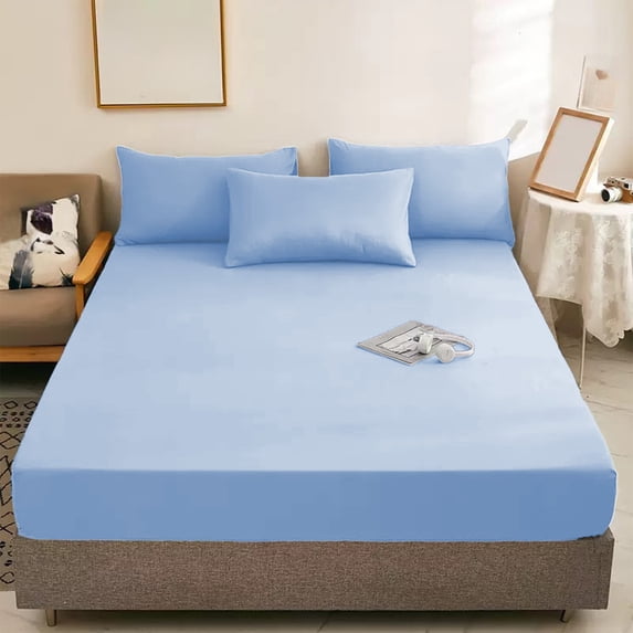 Fitted Bed Sheets, Queen Size Light Blue Microfiber Fitted Sheet Only, Soft Breathable Wrinkle-Resistant Bed Cover, Deep Pocket Mattress Protector