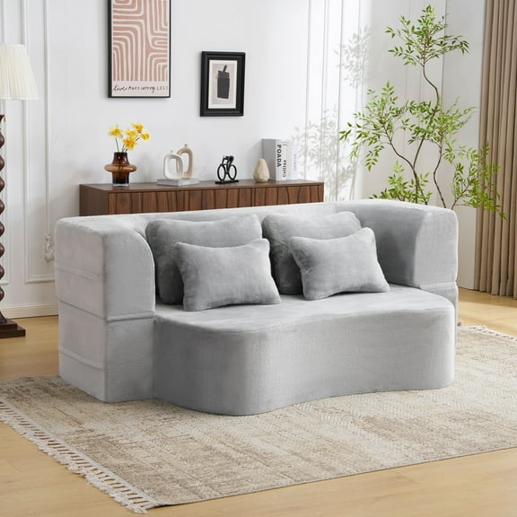 Queen Size Light Grey Floor Sofa with 4 Pillows, Plush Fabric Futon Sofa Couch, High-Density Foam Folding Mattress for Living Room,Guest, Bedroom,No Assembly Required