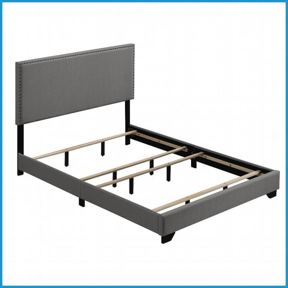 Queen Size Light Grey Upholstered Wood Panel Bed with Nailhead Trim for Bedroom