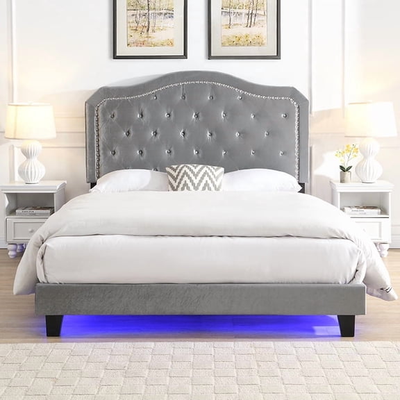 Queen Size Light Grey Velvet Upholstered Platform Bed with LED Light & Button Tufted Headboard