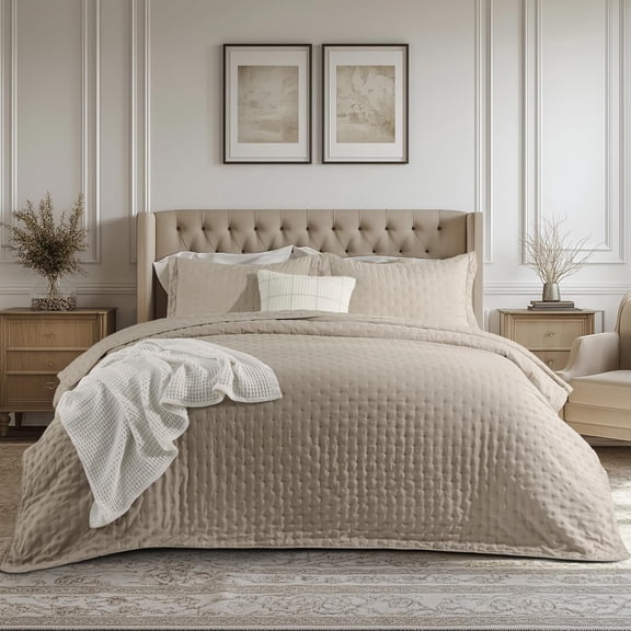 Queen Size Lightweight Bedspread with Clover Pattern Taupe Coverlet 90 x 96 Inches
