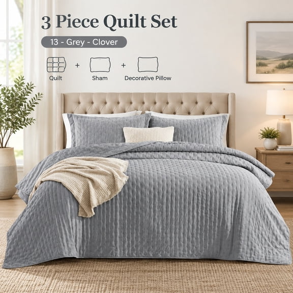 Queen Size Lightweight Grey Quilted Bedspread, Soft Breathable Comforter Coverlet for All Seasons