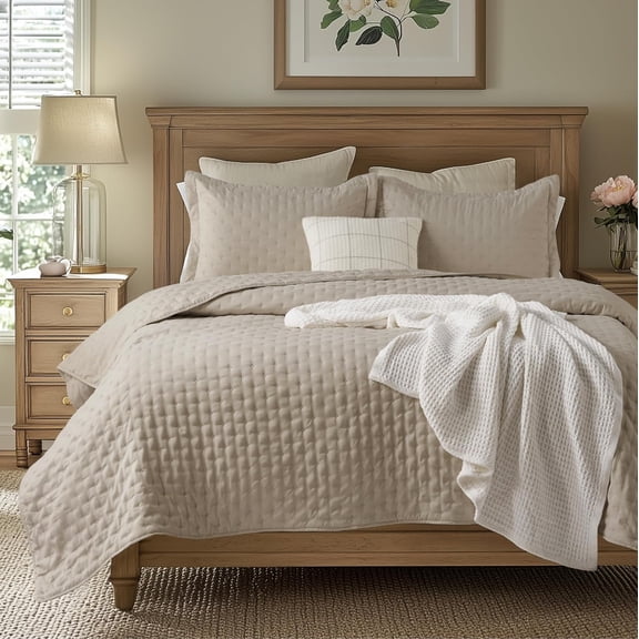 Queen Size Linen Bedspread with Clover Pattern Lightweight All-Season Coverlet 90 x 96 Inches