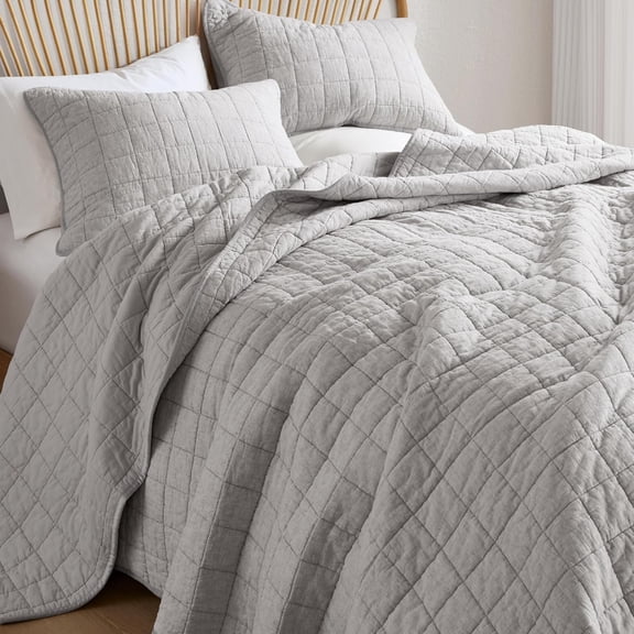 Queen Size Linen Quilt Set, Breathable Box Stitched European Flax Bedding Set with 2 Pillow Shams, 90" x 96"