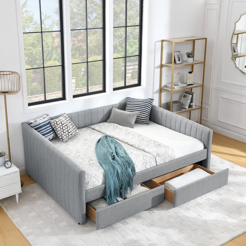Queen Size Linen Storage Daybed with Trundle & Drawers, Upholstered Sofa Platform Bed Frame with Vertical Stripes Backrest