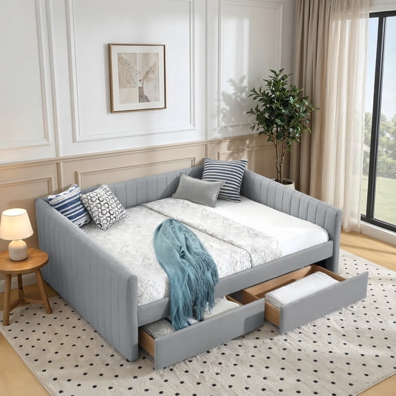 Queen Size Linen Storage Daybed with Trundle & Drawers, Upholstered Sofa Platform Bed Frame with Vertical Stripes Backrest