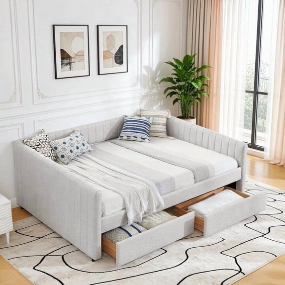 Queen Size Linen Storage Daybed with Trundle & Drawers, Upholstered Sofa Platform Bed Frame with Vertical Stripes Backrest