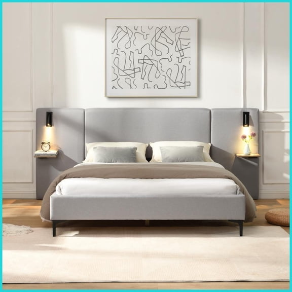 Queen Size Linen Upholstered Bed Frame with Built-In Lights & Shelves, Gray - Modern/Rustic Bedrooms
