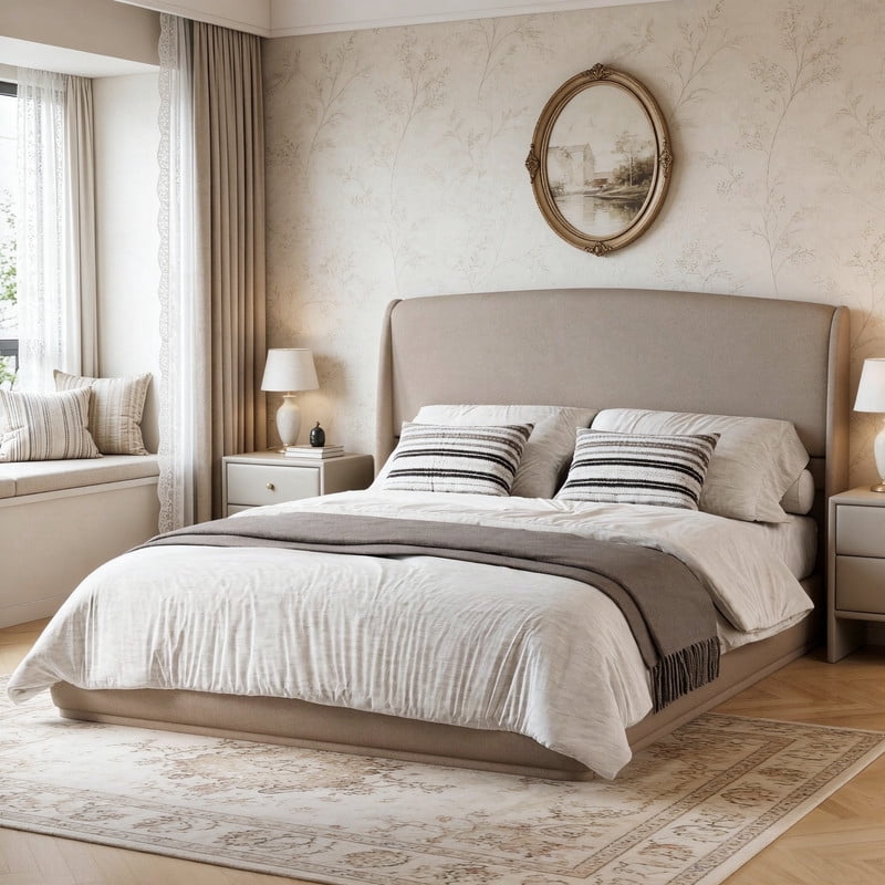 Queen Size Linen Upholstered Bed Frame with Padded High Headboard, Low-Profile Platform Bed with No Box Spring Needed