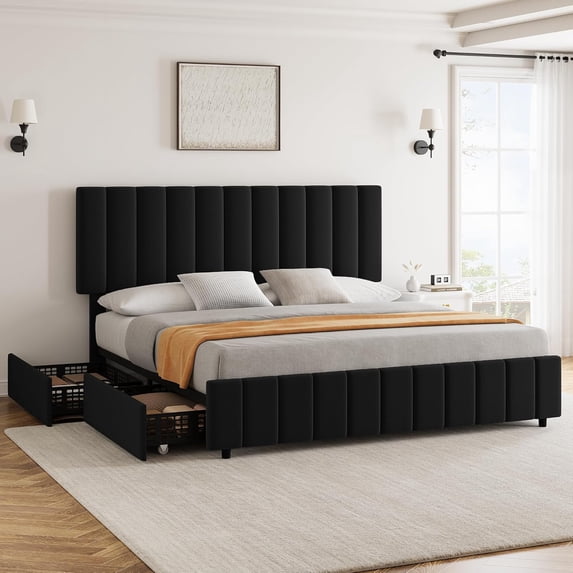 Queen Size Linen Upholstered Platform Bed Frame with 4 Storage Drawers, Adjustable Headboard and Wooden Slats Support, No Box Spring Needed, Black