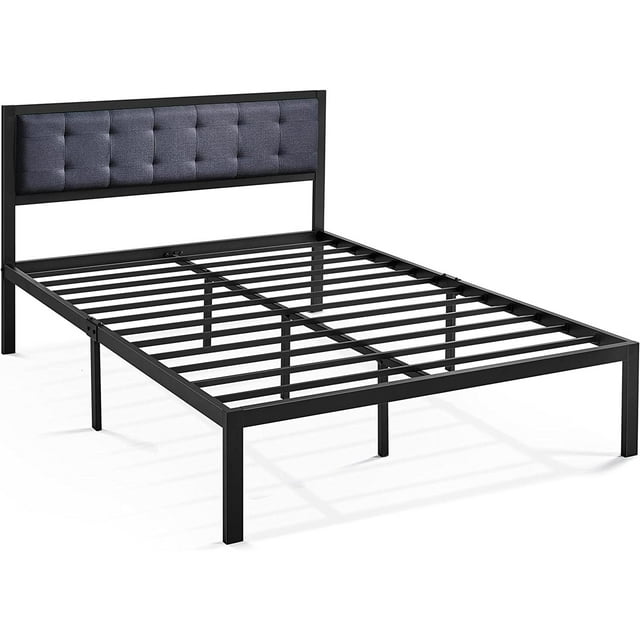Queen Size Linen Upholstered Platform Metal Bed Frame with Button Tufted Headboard,Gray, UPHOLSTERED HEADBOARD: This bed frame features beautiful upholstery and cushione...