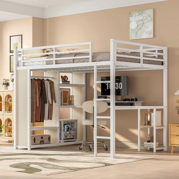 Queen Size Loft Bed with Desk and Wardrobe, MDF and Metal Loft Bed Frame with Storage Shelves, Space-Saving Bedroom Furniture Set, White Wood-grain Finish,Ships 2 Pkgs